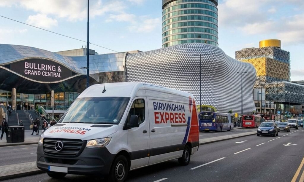 Landscape image of a courier van navigating Birmingham city streets during daylight with city landmarks visible
