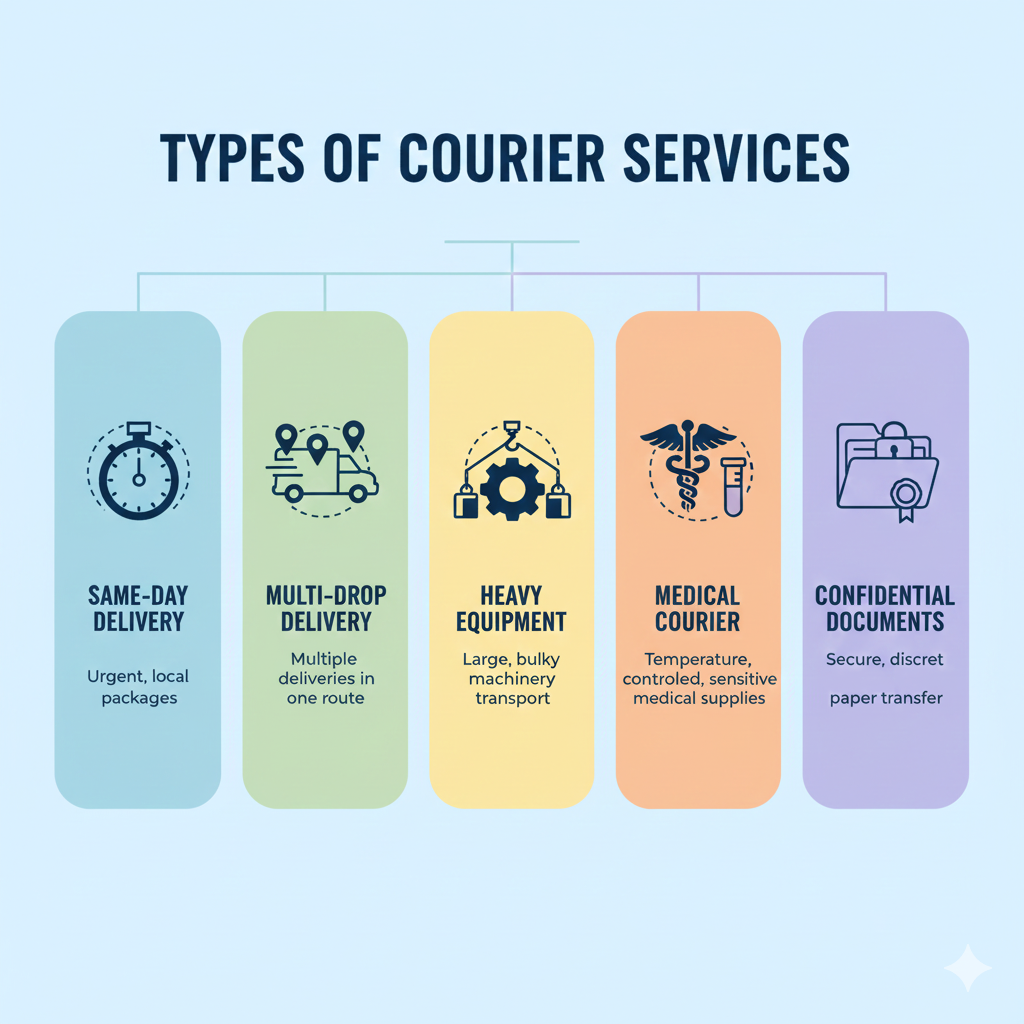 an infographic showcasing different types of courier services (same-day, multi-drop, heavy equipment, medical, confidential documents). Use clean icons and a modern layout
