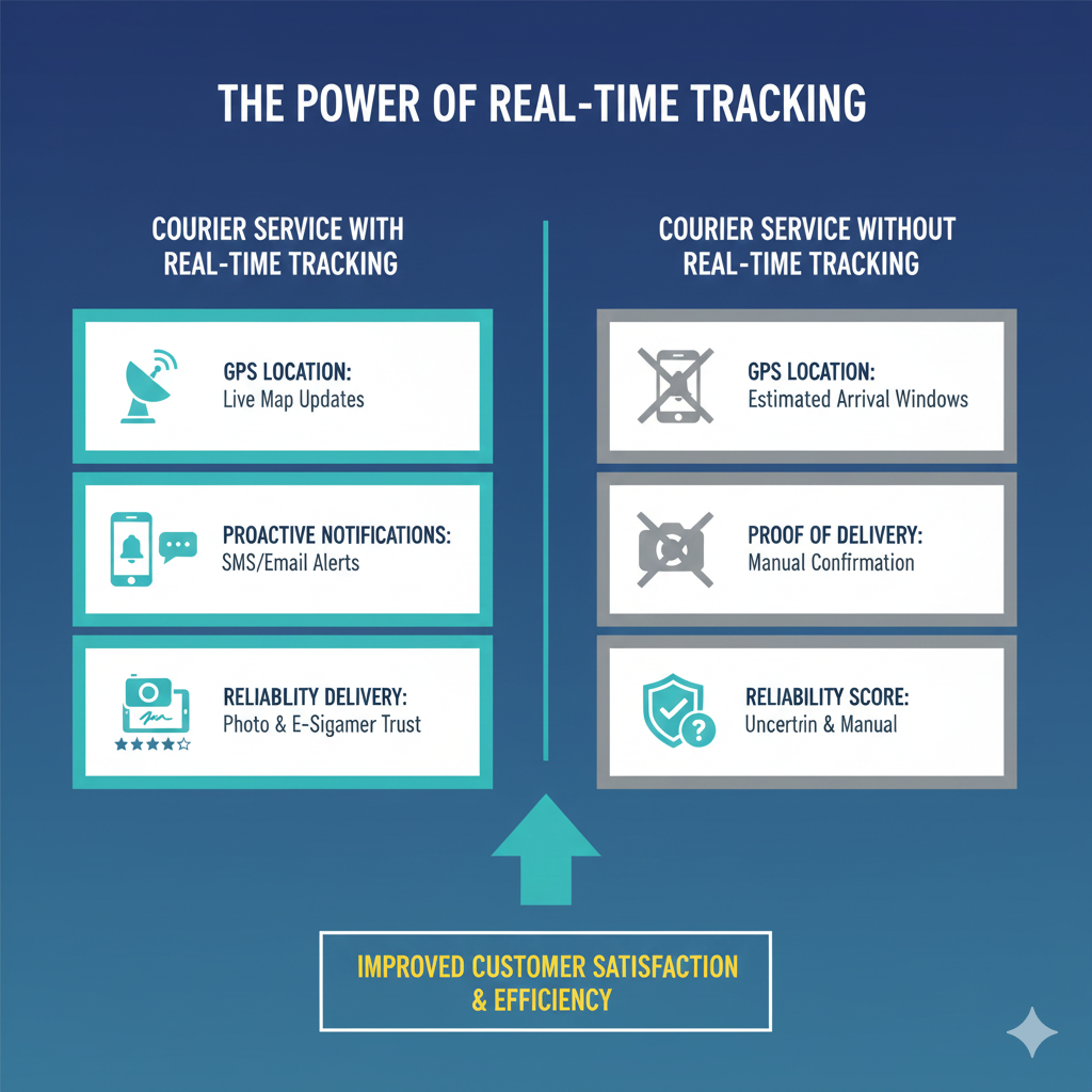 n infographic comparing courier services with and without real-time tracking.