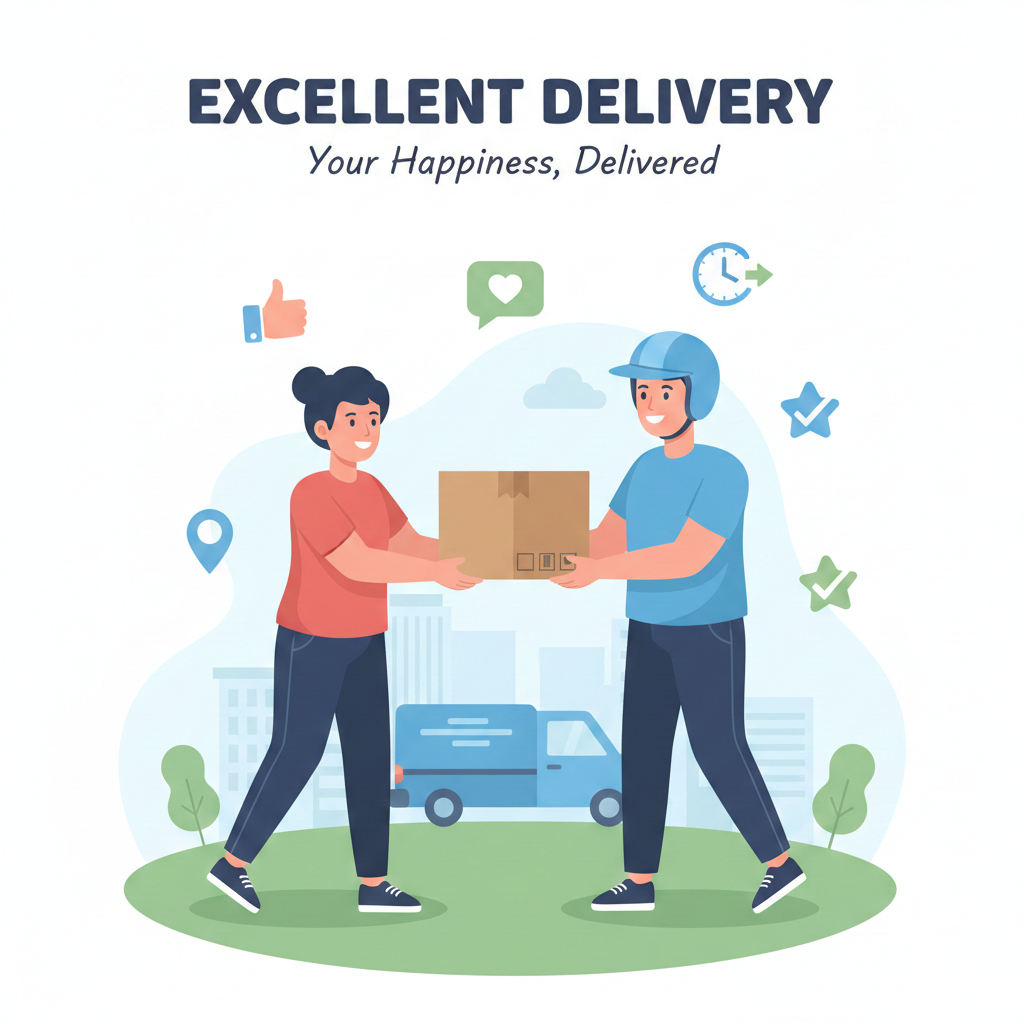 a professional courier handing a package to a happy customer, with icons representing good customer service.