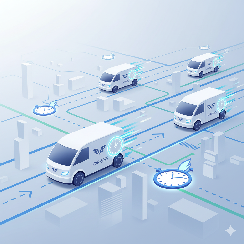 high-quality graphic showing courier delivery vans with speed indicators, clocks, and fast routes.
