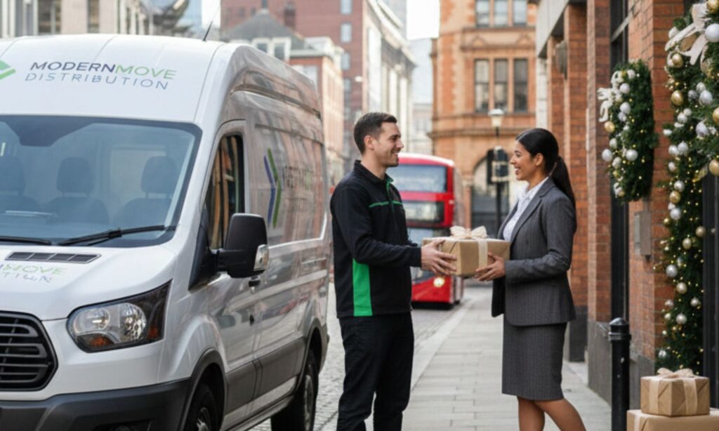 Landscape photo of a Modernmove Distribution courier van delivering parcels in Birmingham city