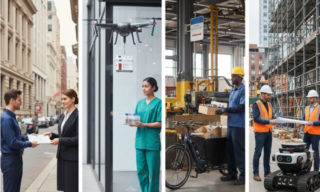 Landscape image showing legal, healthcare, manufacturing, and construction businesses receiving from same day courier