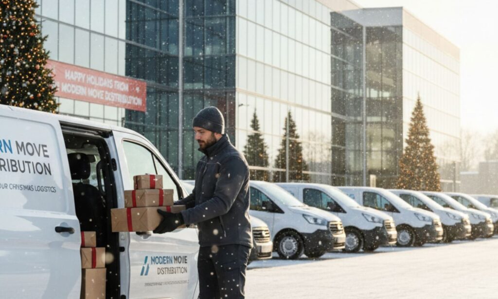 andscape photo of a professional courier loading parcels into a branded delivery van during winter