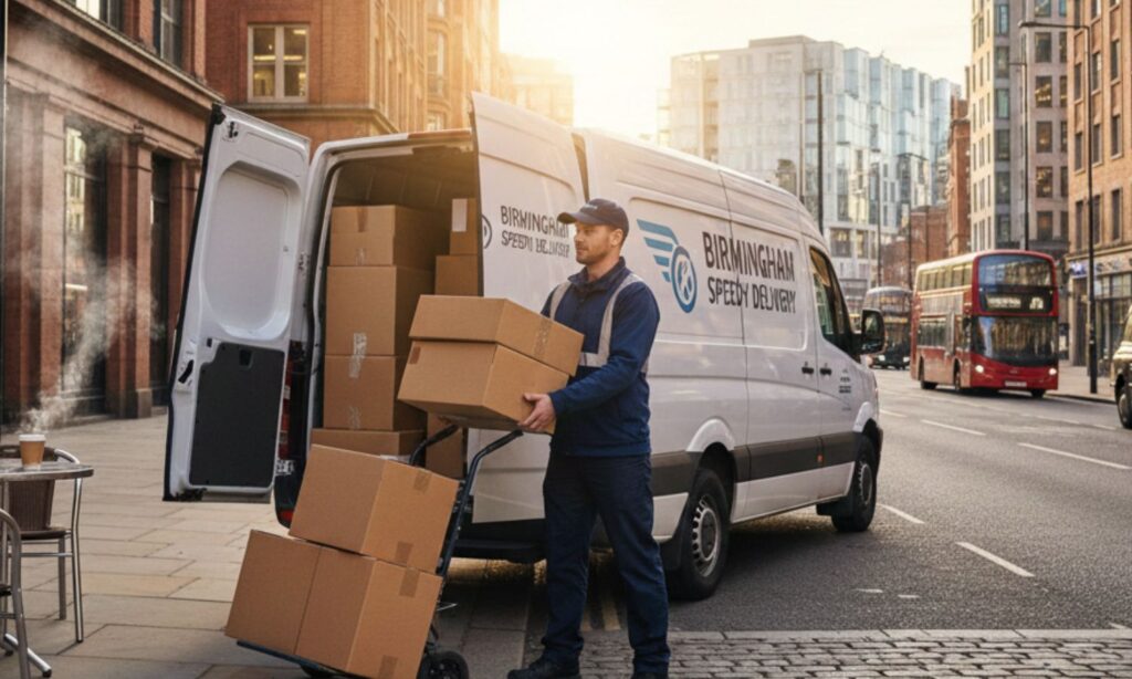 Landscape photo of a professional courier loading parcels into a branded delivery van in Birmingham city, urban business setting, early morning light