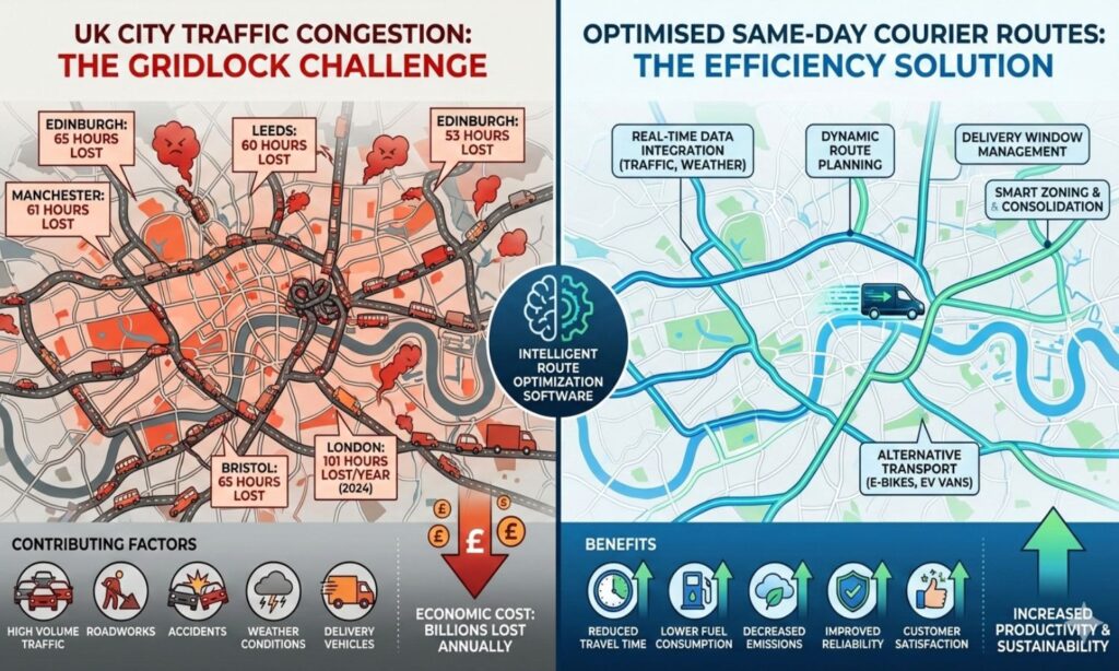 Landscape infographic showing UK city traffic congestion versus optimised same-day courier routes