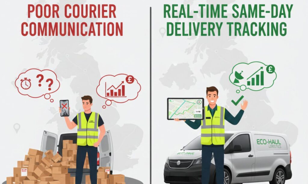 Landscape infographic showing poor courier communication vs real-time same-day delivery tracking in the UK