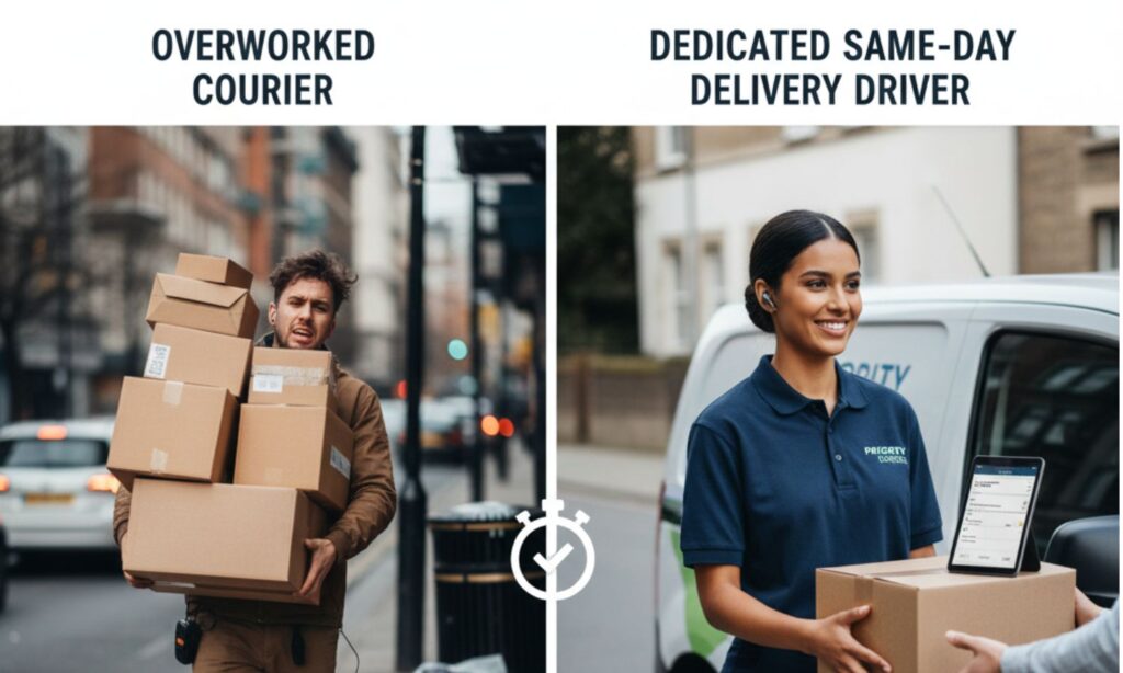 Landscape image showing an overworked courier juggling multiple parcels versus a dedicated same-day delivery driver