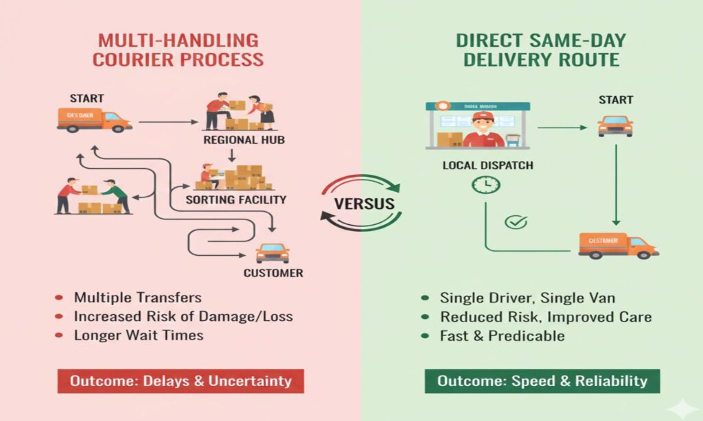 Landscape comparison graphic showing multi-handling courier process vs direct same-day delivery route