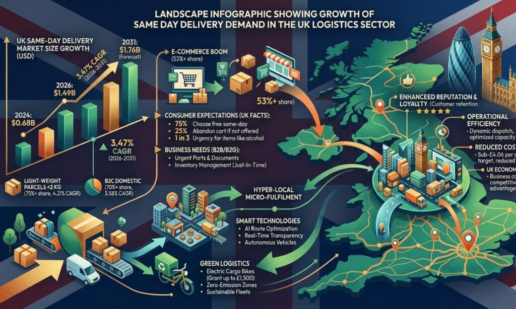 Landscape infographic showing growth of same day delivery demand in the UK logistics sector.