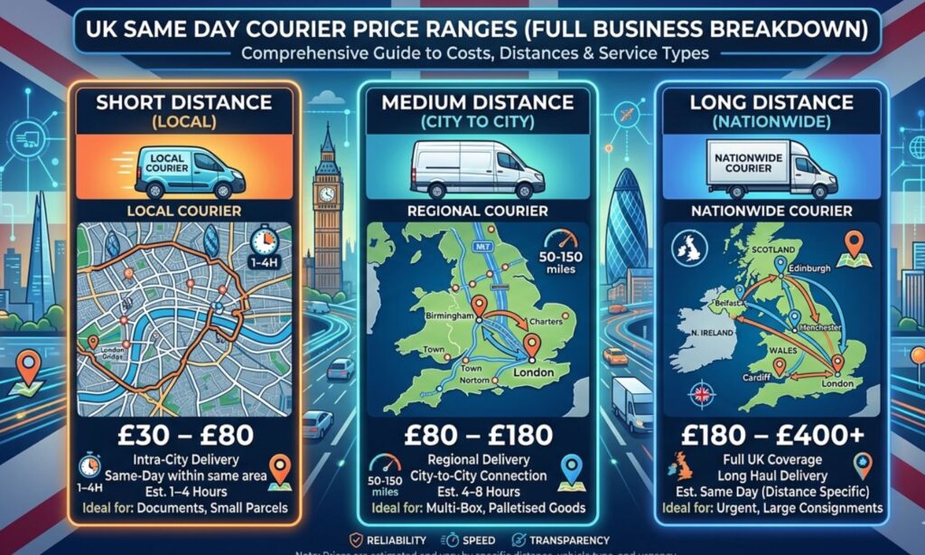 infographic showing UK same day courier price ranges (local, regional, nationwide) with icons for vans and delivery routes.Short distance (local