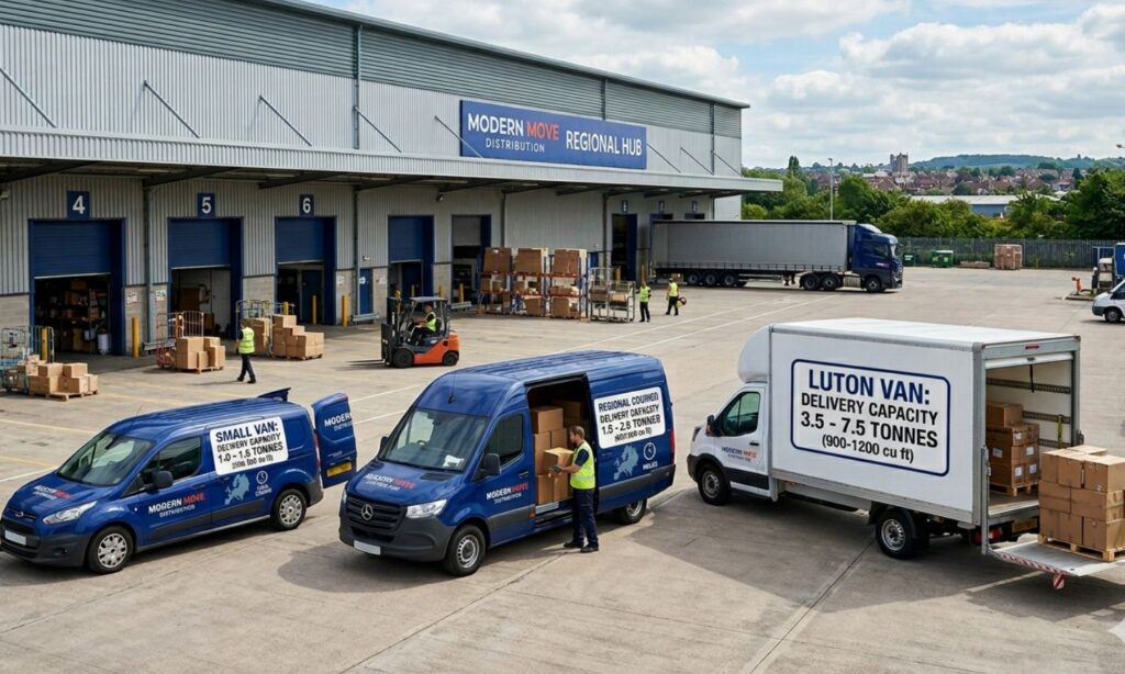 Landscape image showing different courier vans (small, medium, Luton) with labels indicating delivery capacity.